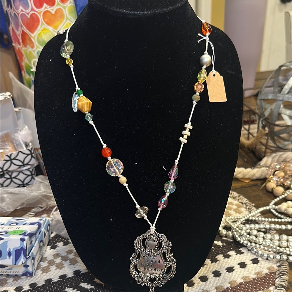 Multicolor Beaded Necklace with Silver Pendant